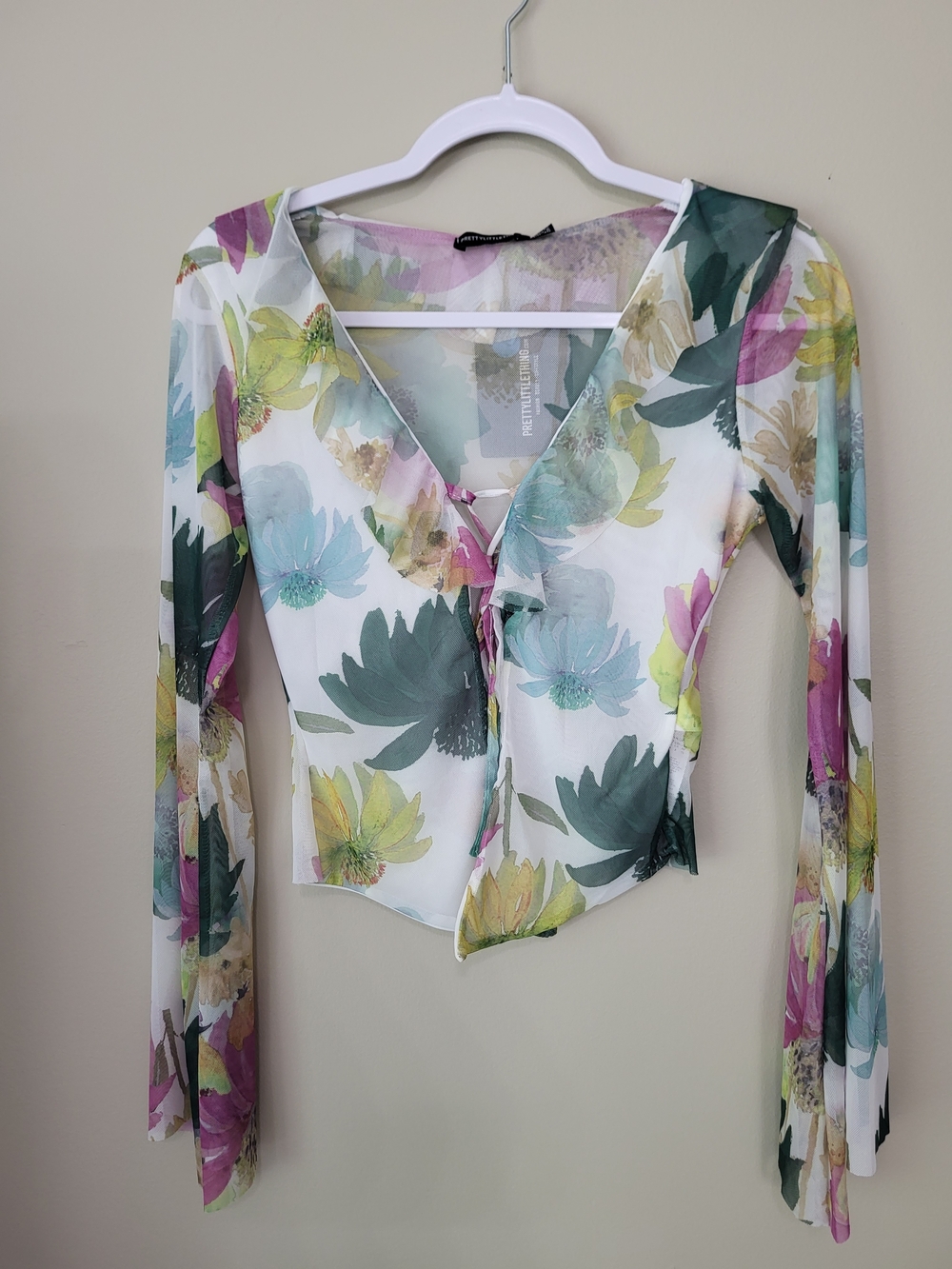 PrettyLittleThing White Multi Floral Tie-Front Mesh Crop Top